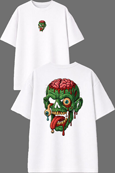 VSRN Tricou oversize alb cu imprimeu față și spate Green Zombie Design