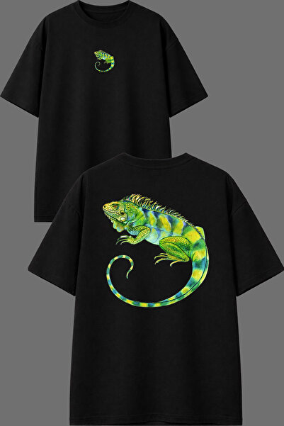 VSRN Tricou oversize negru cu imprimeu față și spate, design Green Chameleon