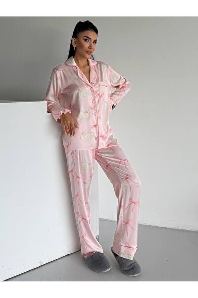 delis Women's two-piece pajama set, with buttons – 2500341, Pink with bows