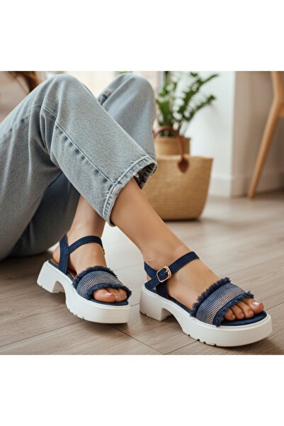 OEM Sandale cu platformă pentru damă, din material textil-denim, purtare casu...