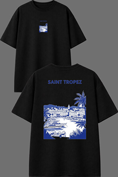 VSRN تي شيرت سانت تروبيز بتصميم مطبوع من الأمام والخلف باللون الأسود مقاس كبير