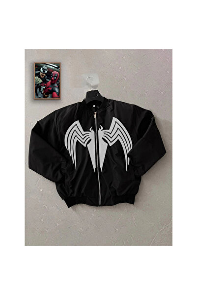 Narnuga Black Bomber Jacket – Venom White Spider Logo, - Black -