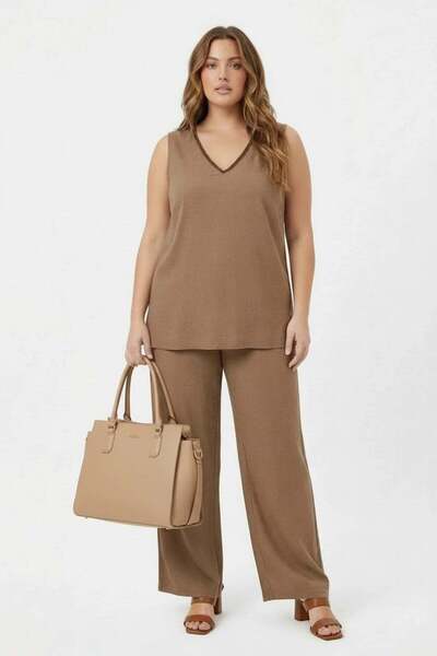 RMG Set de bluză și pantaloni pentru femei, mărime mare, cu guler și detalii ...