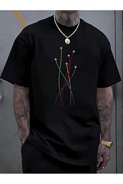 JENOLAN Men's Jet Airplane Printed Oversize T-Shirt Loose Fit