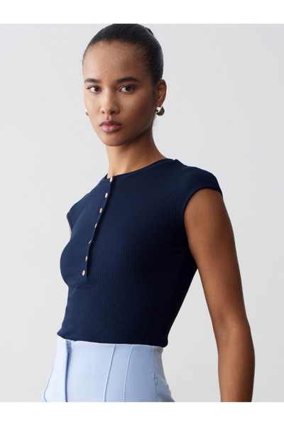 Dilvin 31887 Κοντομάνικο μπλουζάκι με κουμπιά - Σκούρο μπλε