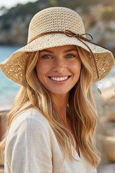 Uniquetrenders قبعة نسائية صيفية من القش بتصميم شبكي وحافة واسعة، قبعة شاطئ ب...