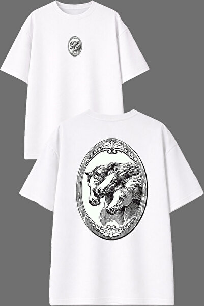 VSRN تي شيرت أبيض كبير الحجم بتصميم طاولة الخيول مطبوع من الأمام والخلف