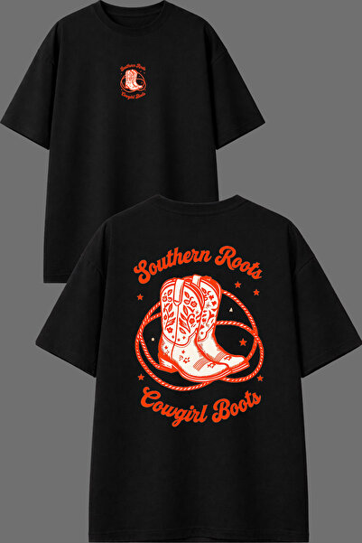 VSRN Tricou oversize negru cu imprimeu față-spate Southen Cowgirl Design