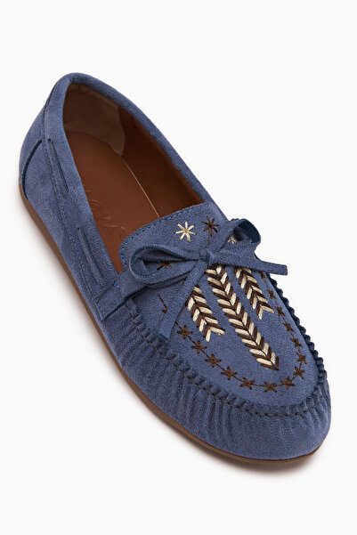 Limoya Darya Blue Suede Embroidered Moccasin Shoes Women's Loafer