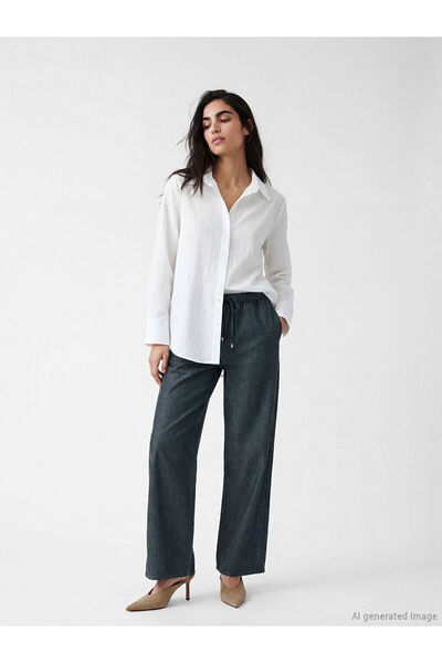 LC Waikiki Navy Blue Elastic Waist Wideleg Fit Women's Jean Trousers