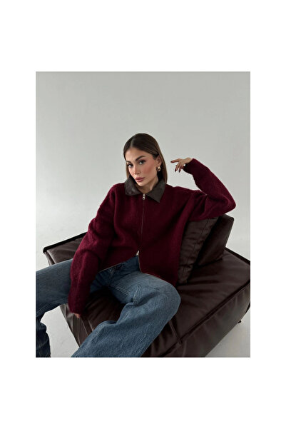 Narnuga Leather Collar Cotton Textured Double-Sided Zipper Jacket - Burgundy -