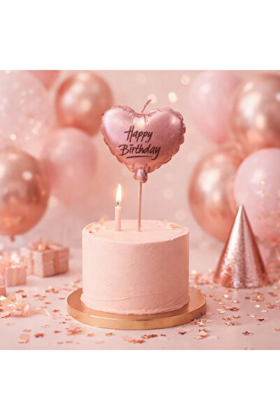 Happyewent Happy Birthday Kalp Mum 2’li Set Rose Gold – Pasta Üstü Dekoratif Mum
