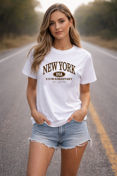 DEEPSENCE Women's White Oversize T-Shirt 100% Cotton Newyork Design
