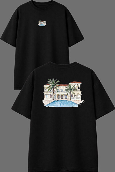 VSRN Tricou negru oversize cu imprimeu în față și în spate, design Poolside M...