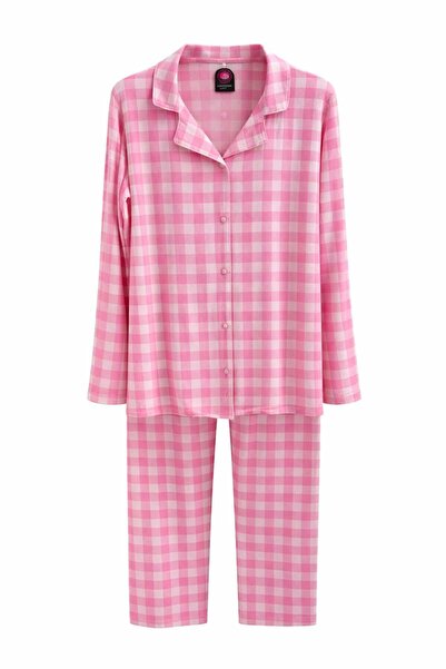 Kadın kare tasarımlı alt üst pijama takımı