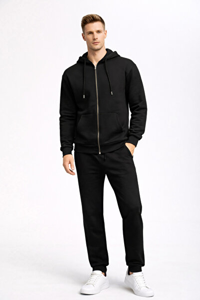 VENA Men's Hooded Front Zipper Oversize Sweatshirt - Black