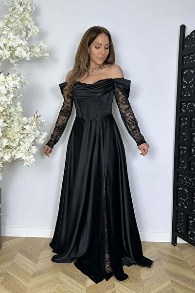 gesmoda G1774 Dantel Detaylı Drapeli Maksi Saten Abiye Elbise Siyah