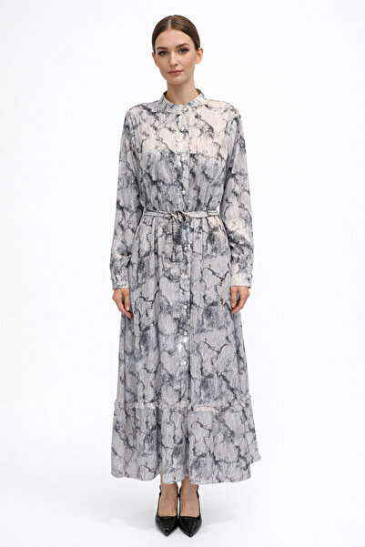 Lale Butik Desenli Saten Elbise 13257 Siyah
