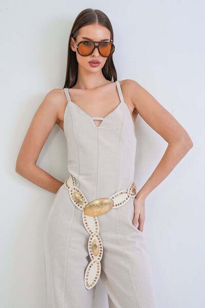 Trend Alaçatı Stili Curea cu ținte cu design disc alb pentru femei Alc-X15409