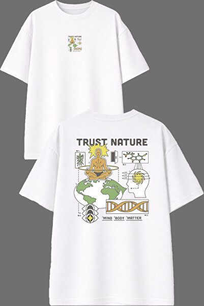 VSRN Tricou oversize alb cu imprimeu față și spate Trust Nature Design