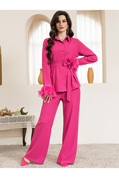 FridayIn بدلة أنيقة بياقة مميزة، لون موحد، نمط مُزين بالريش، أزرار، أكمام قمي...