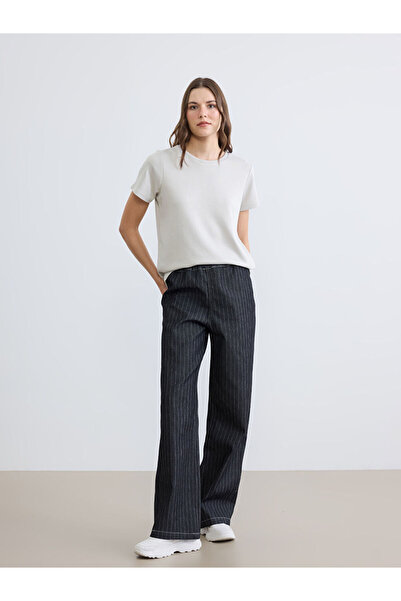 LC Waikiki Black Elastic Waist Striped Wideleg Women's Jean Trousers