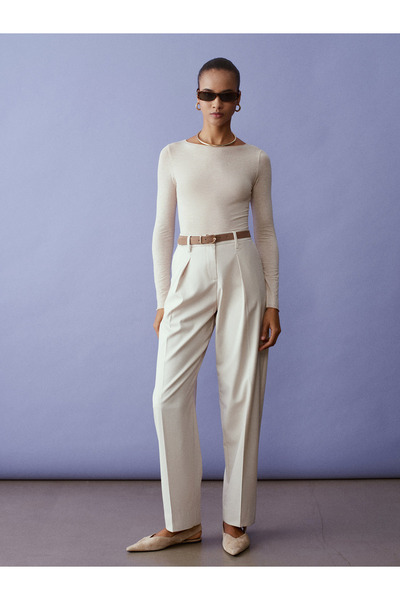 Dilvin 72661 Pantaloni cu talie înaltă și curea - Stone