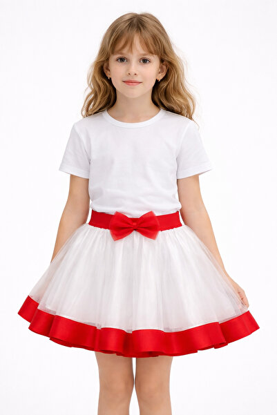Sibel Günay Butik Fusta tutu albă din tul pentru fetițe, cu dungi roșii și de...