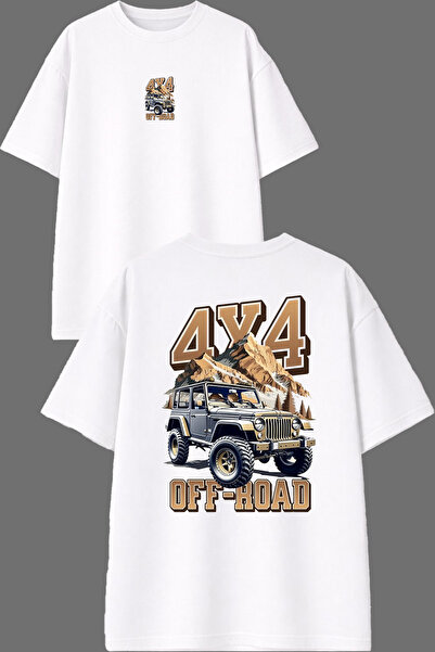 VSRN 4 4 Off Road Design Μπλουζάκι με στάμπα μπροστά και πίσω, λευκό, oversized