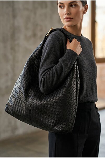 MRS.MODA Women's Black Color Knitted Patterned Women's Shoulder Bag Large Siz...