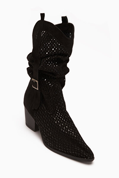 Limoya Orietta Black Suede Laser Cut Bellows Summer Boots