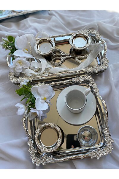 Z&B FLOWERS Ayaklı Gümüş Nişan Tepsisi Damat Yüzük Tepsisi Söz Tepsisi Kahve ...