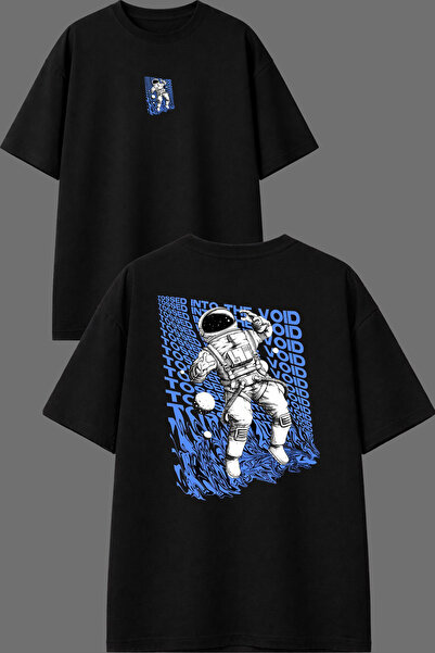 VSRN Tricou oversize negru cu imprimeu față și spate Astronaut Design
