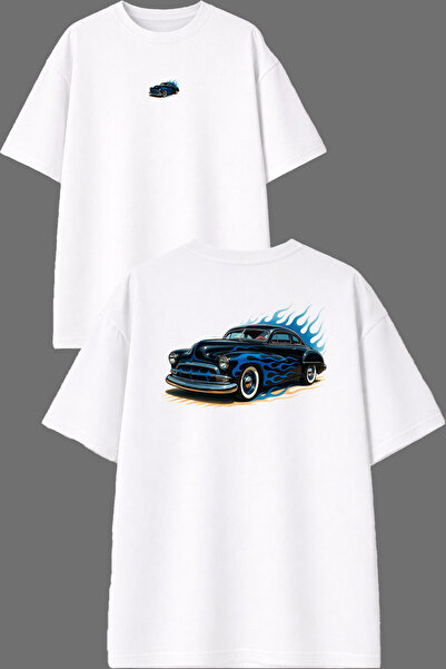 VSRN Tricou supradimensionat alb cu imprimeu Blue Flamed Car Design față-spate