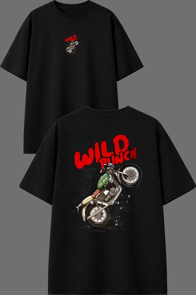 VSRN Tricou negru supradimensionat cu imprimeu față-spate Wıld Runch Design