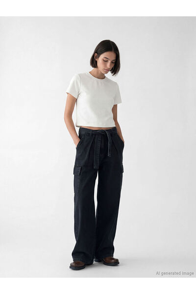 LC Waikiki Black Wideleg Women's Cargo Jean Pants with Belt