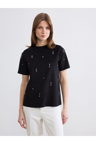 LC Waikiki NEVAVM Γυναικείο T-shirt με οβάλ λαιμόκοψη και πέτρες, σε όψη σουέντ