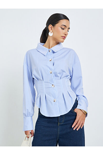 Styli Blue Striped Cinched Waist Shirt