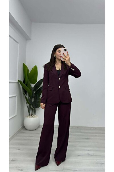 TUNAM BUTİK بدلة قماشية مزدوجة مزينة بأزرار 1128 بلون البرقوق