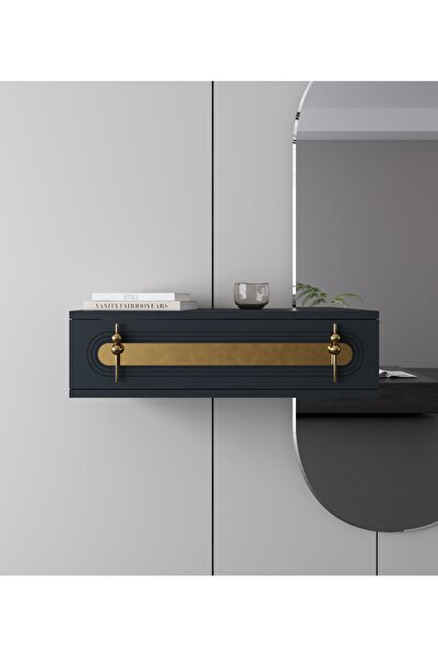 morepp Işık 70cm Duvara Monte Kapaklı Raflı Modern Dresuar Antrasit-Altın