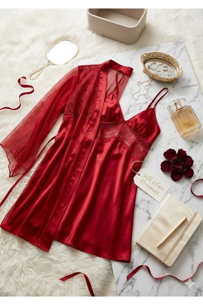 Loule Set de două piese pentru femei, cămașă de noapte și halat din satin, cu...