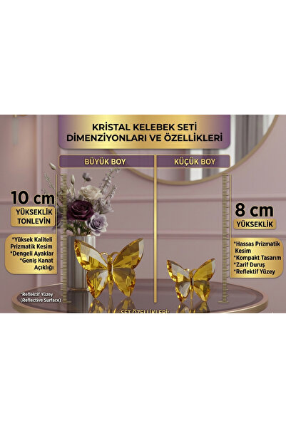 LUCES DESİGN Sarı Kristal Kelebek Figür Seti – 8 cm & 10 cm Dekoratif Aksesuar