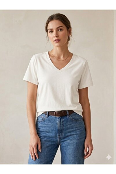 WOODROFFE Tricou de damă cu decolteu în V, Ecru, Basic, Oversize, Lejer