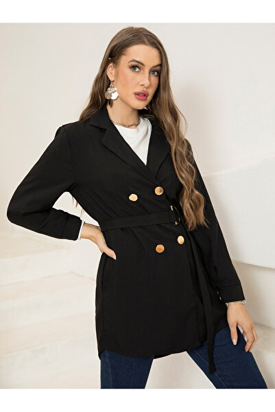 FridayIn بدلة كاجوال بياقة مطوية وحزام بلون واحد وأكمام عادية