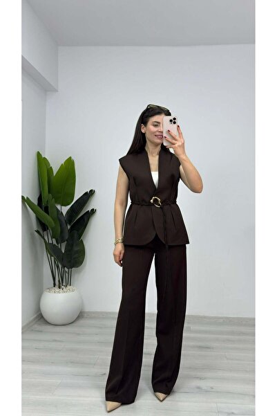 TUNAM BUTİK 4011 بدلة بحزام مشبك وتفاصيل ربط باللون البني