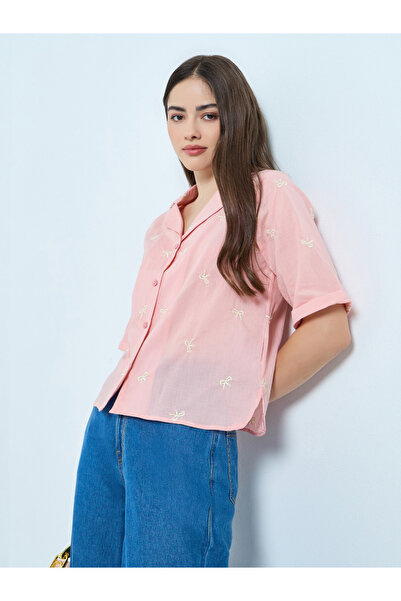 Styli Pink Bow Embroidered Detail Cotton Shirt
