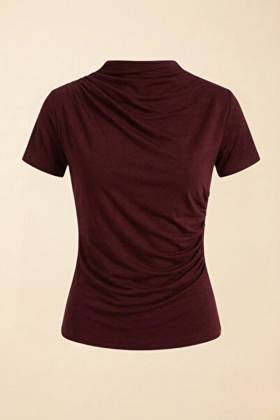 Potenza Γυναικείο T-shirt με κοντό μανίκι, λεπτομέρεια ντραπέ στο γιακά και σ...