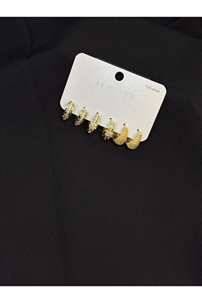 Melisa Takı & Aksesuar 316L Çelik Jewelry Gold Renk 6lı Set Zirkon Taşlı Küpe