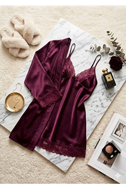 Loule Women's Plum Lace Detailed Satin Nightgown and Robe Two-Piece Set - Sty...