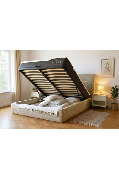 MarketMob Pat Cozy 160x200 cu spațiu de depozitare tapițat bej